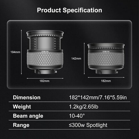 GVM F40 Fresnel Spotlight Concentrator with Bowens Mount, 10-40° Variable Beam Angle Adjustable for GVM SD200B/SD300B/SD80D & PR150 LED Video Light, 550%-950% Brighter for Video Studio Film Lighting in Kuwait