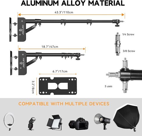 Ring Light Wall Mount 43.3inch/110cm, Ring Light Mount Support 180°Flexible Rotation for Studio Video Light, Monolight, Photography, Softbox, Reflector (43.3) in Kuwait