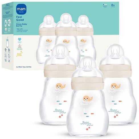 MAM 6oz Pure Glass Feel Good Anti-Colic 0+ Months Baby Bottle, 3 Pack, Girl | Slow Flow Skin Soft Silicone Nipple, Easy to Clean, BPA Free, Easy Switch Between Breast & Bottle, Made In Europe in Kuwait