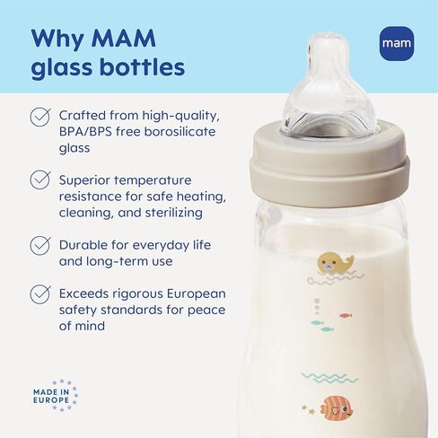 MAM 6oz Pure Glass Feel Good Anti-Colic 0+ Months Baby Bottle, 3 Pack, Girl | Slow Flow Skin Soft Silicone Nipple, Easy to Clean, BPA Free, Easy Switch Between Breast & Bottle, Made In Europe in Kuwait