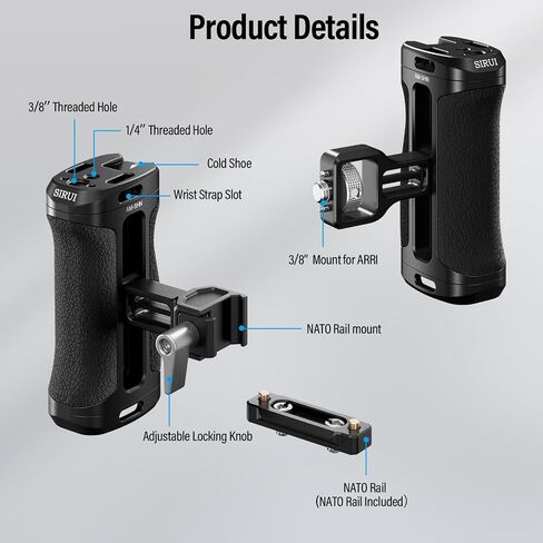 SIRUI Side Handle with Locating Mount for ARRI and Dual 1/4" Screw Mount Optional, Lightweight Camera Handgrip with Cold Shoe, Multiple Threads, Up and Down Adjustable Side Grip, AM-SHS(Pack of 1) in Kuwait