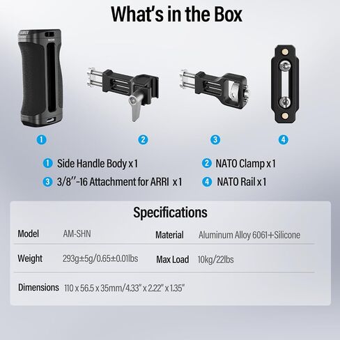 SIRUI Side Handle with Locating Mount for ARRI and Dual 1/4" Screw Mount Optional, Lightweight Camera Handgrip with Cold Shoe, Multiple Threads, Up and Down Adjustable Side Grip, AM-SHS(Pack of 1) in Kuwait