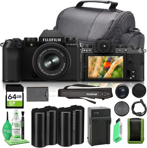 FUJIFILM X-S20 Mirrorless Camera with XC 15-45mm Lens, 26.1MP APS-C X-Trans CMOS 4 Sensor, 6.2K Video, 5-Axis IBIS, Vlogging Camera Bundle with Bag + 64GB Memory Card and More in Kuwait