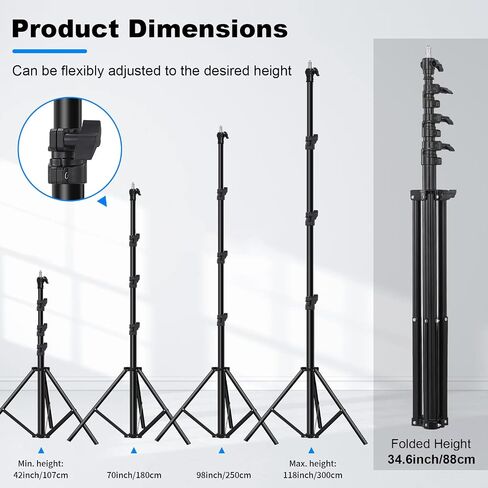 Heavy Duty Light Stand 9.8ft /3m Photography Tripod Light Stand Metal Adjustable Spring Cushioned with Carry Bag 1/4" to 3/8" Universal Screw for Photography LED Video Light, Ring Light, Monolight in Kuwait