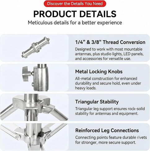 4M Stainless Steel Antenna Tripod Stand for JPC-7, Air Cushioned | Corrosion-resistant Stainless Steel, Air Cushion Buffer, 1/4''&3/8'' Thread Adapter, Wind-resistant, Multi-scene POTA/Field in Kuwait