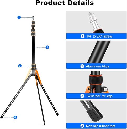 Soopho Portable Photography Light Stand Adjustable 7ft Aluminum Light Tripod Stand with 180° Reversible Leg Reversible Portable Studio Lighting Tripod ，Maximum Height 86.5“/220cm for Flsah Softboxes in Kuwait