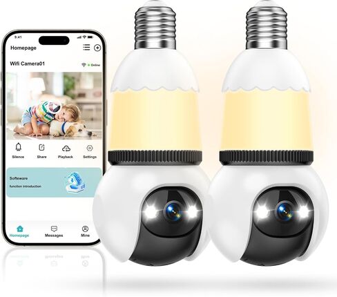 Hawkray Light Bulb Security Camera, 2 Pack, 2.4GHz & 5GHz Dual Band WiFi, 2K Full Color Night Vision, 360° Pan Tilt Wireless Indoor Outdoor Camera with Motion Detection, Two-Way Audio, Siren Alarm in Kuwait