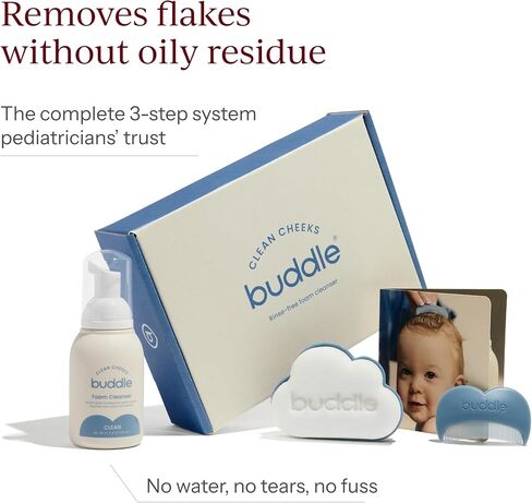 Buddle 3-Piece Baby Cradle Cap System with Foam Cleanser, Comb and Brush | No-Rinse Micellar Foam, Fine-Tooth Comb, Dual-Sided Brush and Sponge, Gentle Scalp Care for Newborns and Infants in Kuwait