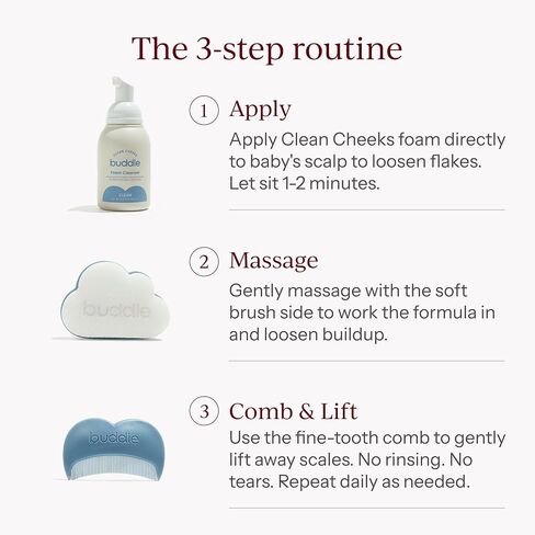 Buddle 3-Piece Baby Cradle Cap System with Foam Cleanser, Comb and Brush | No-Rinse Micellar Foam, Fine-Tooth Comb, Dual-Sided Brush and Sponge, Gentle Scalp Care for Newborns and Infants in Kuwait