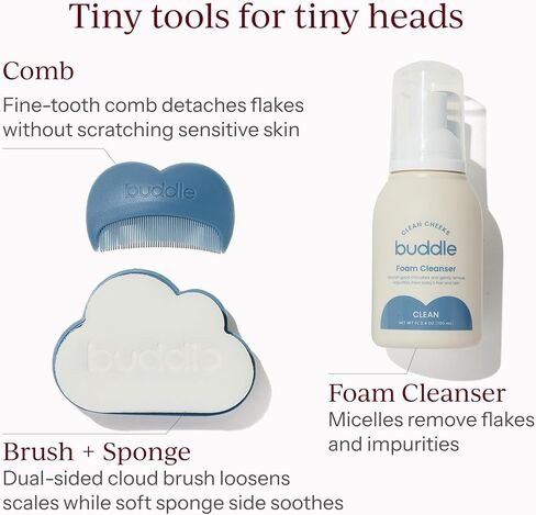 Buddle 3-Piece Baby Cradle Cap System with Foam Cleanser, Comb and Brush | No-Rinse Micellar Foam, Fine-Tooth Comb, Dual-Sided Brush and Sponge, Gentle Scalp Care for Newborns and Infants in Kuwait