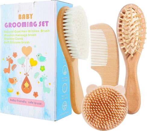 Baby Hair Brush Set for Newborns, Wooden Baby Brush & Comb - Toddler Cradle Cap Brush, Ultra Soft Goat Hair Bristles, Baby Grooming Kit for Baby Showers & Registries Gift Set in Kuwait