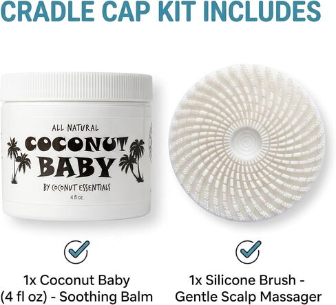 Coconut Essentials Cradle Cap Kit - Includes All Natural 4oz Coconut Baby Balm & Soft Silicone Baby Brush Scalp Massager - Gentle Dry Scalp & Flaky Skin Treatment for Newborns and Infants | 2-step cradle cap kit: 4oz natural coconut balm & soft spiral sil in Kuwait
