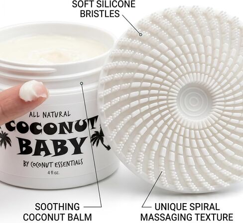 Coconut Essentials Cradle Cap Kit - Includes All Natural 4oz Coconut Baby Balm & Soft Silicone Baby Brush Scalp Massager - Gentle Dry Scalp & Flaky Skin Treatment for Newborns and Infants | 2-step cradle cap kit: 4oz natural coconut balm & soft spiral sil in Kuwait