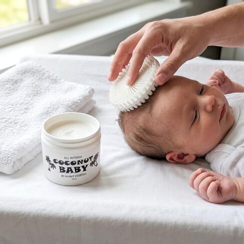 Coconut Essentials Cradle Cap Kit - Includes All Natural 4oz Coconut Baby Balm & Soft Silicone Baby Brush Scalp Massager - Gentle Dry Scalp & Flaky Skin Treatment for Newborns and Infants | 2-step cradle cap kit: 4oz natural coconut balm & soft spiral sil in Kuwait