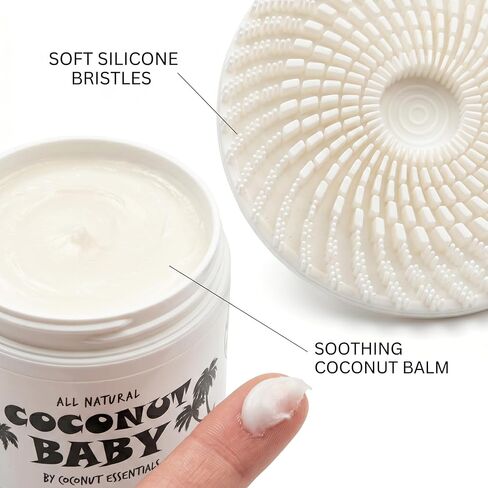 Coconut Essentials Cradle Cap Kit - Includes All Natural 4oz Coconut Baby Balm & Soft Silicone Baby Brush Scalp Massager - Gentle Dry Scalp & Flaky Skin Treatment for Newborns and Infants | 2-step cradle cap kit: 4oz natural coconut balm & soft spiral sil in Kuwait
