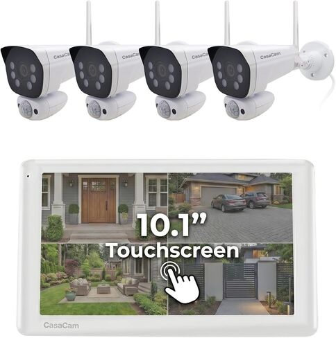 CasaCam Wireless Security Camera Pro, 10.1 in Monitor, 2 2K Cams, No Fees | Touchscreen, Wireless Indoor/Outdoor Floodlight Cameras, AI Detection, Two-Way Talk, 64GB SD Card in Kuwait