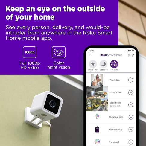 Roku Outdoor Camera for Home Security - IP65 Weather Resistant Wired Security Camera with 1080p HD Night Vision, Compatible with Alexa & Google, Motion & Sound Detection(Renewed) in Kuwait
