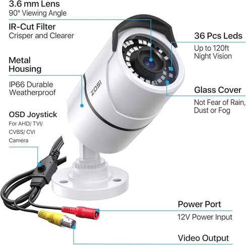 ZOSI 2MP 1080p Security Camera,4-in-1 TVI/CVI/AHD/CVBS Surveillance Bullet Camera Indoor Outdoor,Night Vision,Work for 960H,720P,1080P analog CCTV DVR in Kuwait