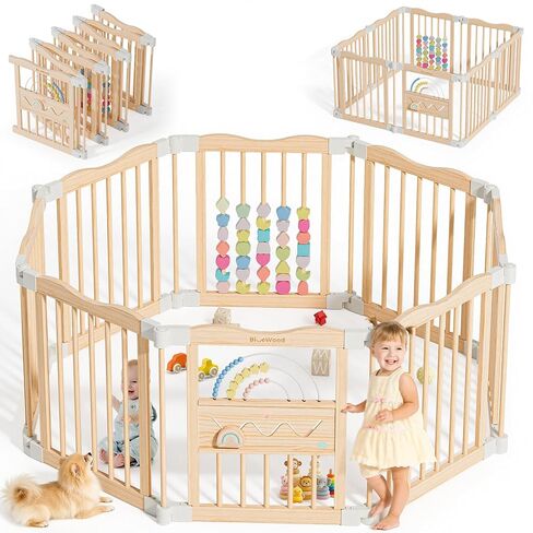 Foldable Wooden Baby Playpen, 45 x 45 x 24 inches, Pastel Dream, Colorful | Adjustable Wood Play Yard, Indoor Large Safety Fence for Babies and Toddlers, Built-in Toys Design in Kuwait