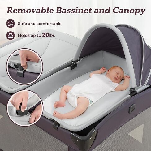 Portable Baby Playard 4 in 1 Design, Foldable Baby Playpen with Removable Bassinet, Canopy and Changing Table, Infant Playrad, Nursery Center Travel Crib in Kuwait