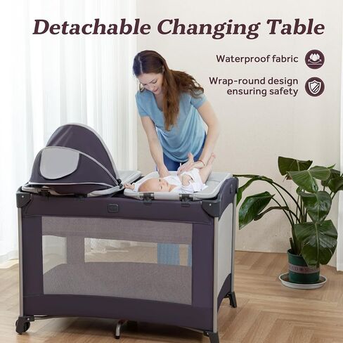 Portable Baby Playard 4 in 1 Design, Foldable Baby Playpen with Removable Bassinet, Canopy and Changing Table, Infant Playrad, Nursery Center Travel Crib in Kuwait
