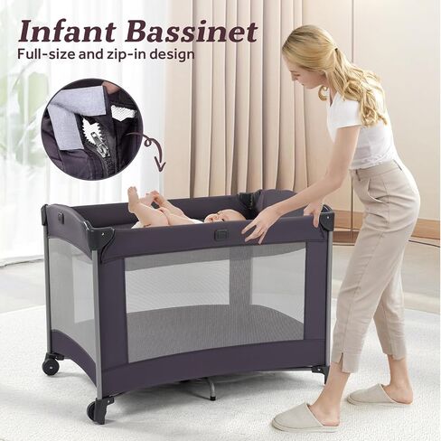 Portable Baby Playard 4 in 1 Design, Foldable Baby Playpen with Removable Bassinet, Canopy and Changing Table, Infant Playrad, Nursery Center Travel Crib in Kuwait