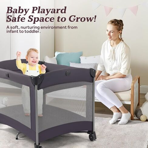 Portable Baby Playard 4 in 1 Design, Foldable Baby Playpen with Removable Bassinet, Canopy and Changing Table, Infant Playrad, Nursery Center Travel Crib in Kuwait