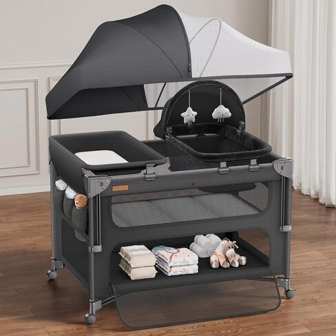 ANGELBLISS Baby Bassinet Bedside Crib, 5-in-1 One-Push Instant Fold Pack and Play with Changing Table, Napper Bassinet, Mattress & Mosquito Net, Portable Playard for Newborns to Toddlers in Kuwait