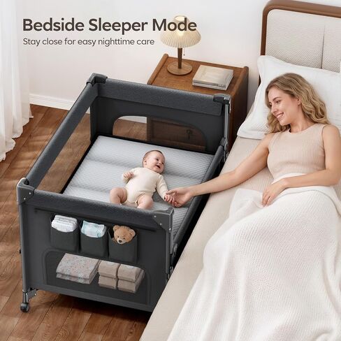 ANGELBLISS Baby Bassinet Bedside Crib, 5-in-1 One-Push Instant Fold Pack and Play with Changing Table, Napper Bassinet, Mattress & Mosquito Net, Portable Playard for Newborns to Toddlers in Kuwait