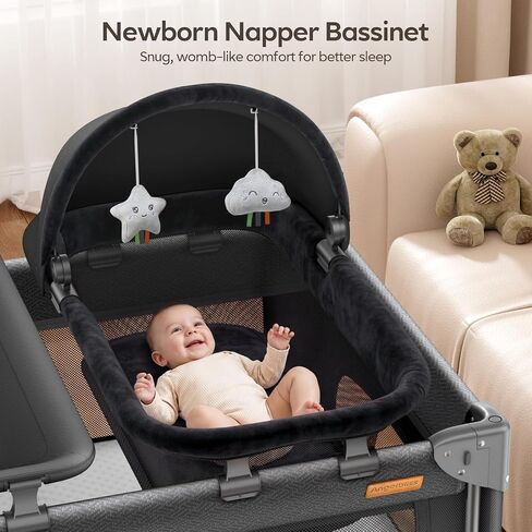ANGELBLISS Baby Bassinet Bedside Crib, 5-in-1 One-Push Instant Fold Pack and Play with Changing Table, Napper Bassinet, Mattress & Mosquito Net, Portable Playard for Newborns to Toddlers in Kuwait