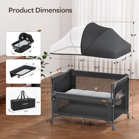 ANGELBLISS Baby Bassinet Bedside Crib, 5-in-1 One-Push Instant Fold Pack and Play with Changing Table, Napper Bassinet, Mattress & Mosquito Net, Portable Playard for Newborns to Toddlers in Kuwait