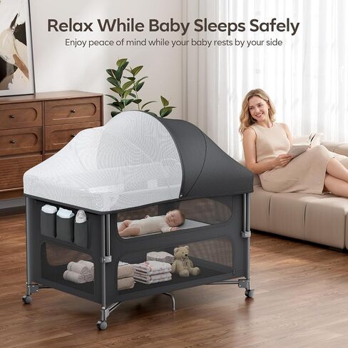 ANGELBLISS Baby Bassinet Bedside Crib, 5-in-1 One-Push Instant Fold Pack and Play with Changing Table, Napper Bassinet, Mattress & Mosquito Net, Portable Playard for Newborns to Toddlers in Kuwait