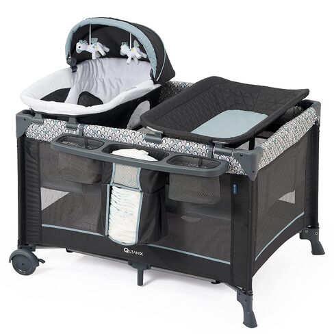 5 in 1 Multifunctional Pack and Play,Qutanix Foldable Baby Crib with Bassinets,Changing Table,Newborn Napper with Canopy,Diaper Stacker,Baby Playpen for Babies and Toddlers in Kuwait