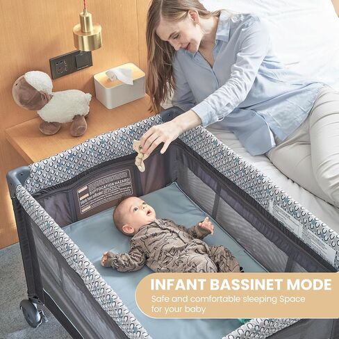 5 in 1 Multifunctional Pack and Play,Qutanix Foldable Baby Crib with Bassinets,Changing Table,Newborn Napper with Canopy,Diaper Stacker,Baby Playpen for Babies and Toddlers in Kuwait