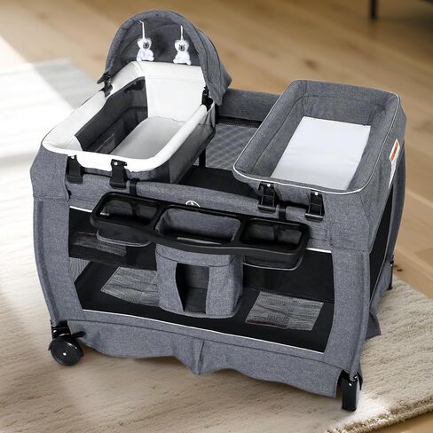 Kinder King 4 in 1 Pack and Play w/Bassinet, Baby Playard, Light Gray | Newborn Changing Table, Portable Playpen for Infant and Toddler, Adjustable Canopy, Storage Basket, Travel Bag, 0-36 Months in Kuwait