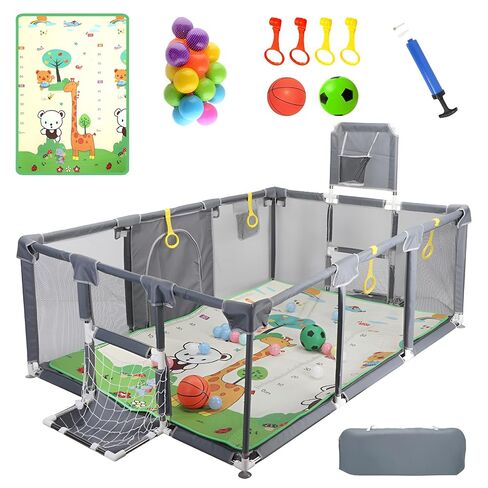 Magnelogy Large Baby Playpen with Foldable Mat - 71"×47" Indoor Outdoor Playpen for Babies and Toddlers - Basketball Hoop, Soccer Nets, 20 Balls, 4 Pull-Up Rings - BPA-Free, Safe Baby Play Yard in Kuwait