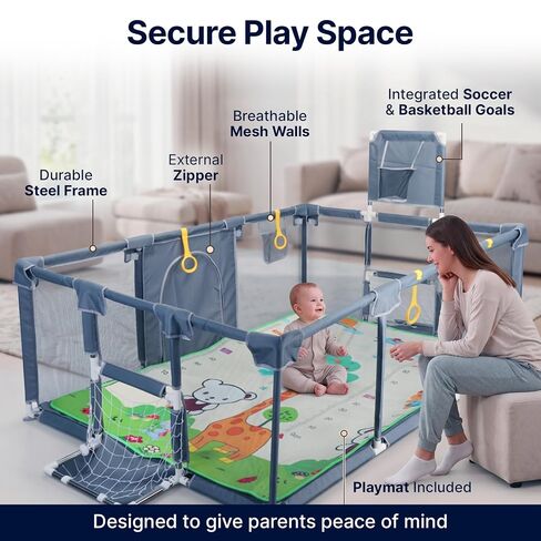 Magnelogy Large Baby Playpen with Foldable Mat - 71"×47" Indoor Outdoor Playpen for Babies and Toddlers - Basketball Hoop, Soccer Nets, 20 Balls, 4 Pull-Up Rings - BPA-Free, Safe Baby Play Yard in Kuwait