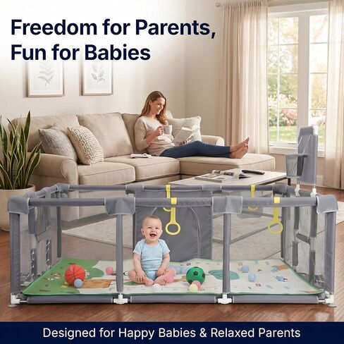 Magnelogy Large Baby Playpen with Foldable Mat - 71"×47" Indoor Outdoor Playpen for Babies and Toddlers - Basketball Hoop, Soccer Nets, 20 Balls, 4 Pull-Up Rings - BPA-Free, Safe Baby Play Yard in Kuwait