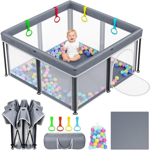 Foldable Baby Playpen: 50"×50" Playpen for Babies and Toddlers Portable Setup Baby Play Pen with Mat Indoor Outdoor Safety Fence Play Yard Kids Play Area with Storage Bag 50 Ocean Balls 4 Handlers in Kuwait