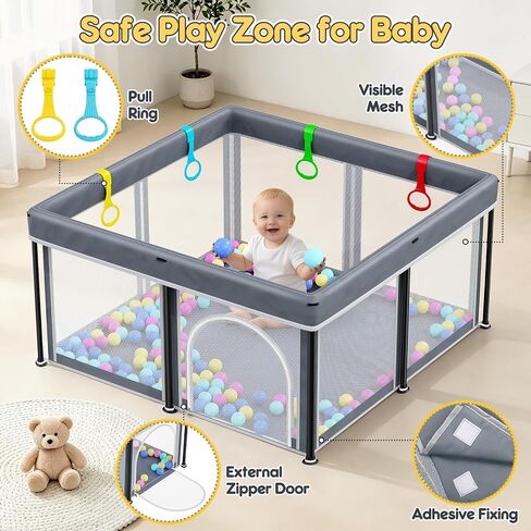 Foldable Baby Playpen: 50"×50" Playpen for Babies and Toddlers Portable Setup Baby Play Pen with Mat Indoor Outdoor Safety Fence Play Yard Kids Play Area with Storage Bag 50 Ocean Balls 4 Handlers in Kuwait