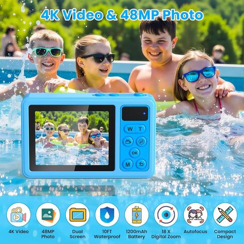 4K Waterproof Camera,10FT Underwater Digital Camera,48MP Floating Camera | for Snorkeling,Surfing,Swimming and Kayaking,Dual-Screen Selfie,Autofocus,18X Zoom,Fill Light,32GB Card,Type-C Rechargeable in Kuwait