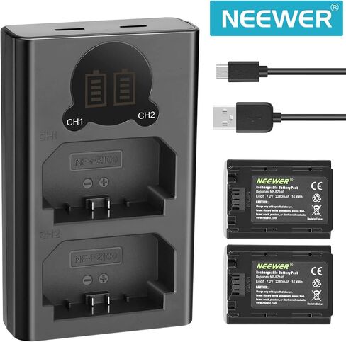 NEEWER NP-FZ100 2280mAh Replacement Battery and Charger with LCD Screen, 2 Packs, Compatible with Sony A1, A9 II, A7R III, A7R IV, A7R V, A7S III, A7 III, A7 IV, A6600, A7C Cameras in Kuwait