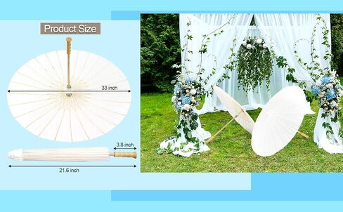 33 Inch White Paper Parasol Umbrella for Wedding Decor & DIY Art - Large Handmade Wooden Frame Sun Wedding Parasols, Asian Party Backdrop Painting Craft Projects in Kuwait
