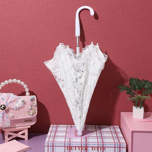 Toddmomy 19.6 Inch White Lace Parasol Umbrella Vintage Victorian Wedding Parasol for Photography Bridal Shower Tea Party Decor Lightweight Elegant Prop with Ergonomic J-Handle in Kuwait