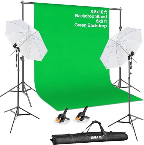 EMART 6.5x10ft Backdrop Support System, Professional Photography Lighting Kit with 45W CFL Blub, Umbrellas, 6x9ft Backdrop(White/Black/Green) for Photography Studio, Portrait, Video Shooting in Kuwait