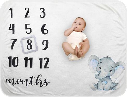 Baby Monthly Milestone Blanket - Organic Plush Fleece Photography Background Prop for Boy Girl Newborn Soft Elephant Blanket with Frame Large 47''x40'' in Kuwait