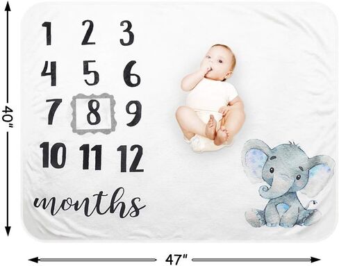 Baby Monthly Milestone Blanket - Organic Plush Fleece Photography Background Prop for Boy Girl Newborn Soft Elephant Blanket with Frame Large 47''x40'' in Kuwait