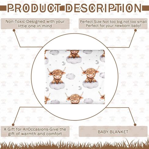 Lounsweer Highland Cow Baby Blanket for Kids Western Clouds Farmhouse Cow Toddler Soft Blanket with Double Layer Dotted Backing for Nursery Newborn Baby Crib, 30"x40" in Kuwait