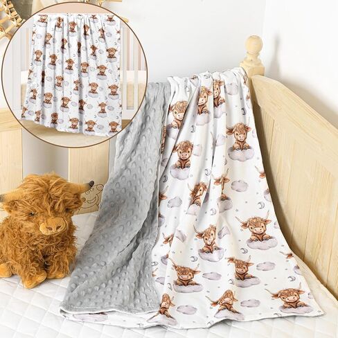 Lounsweer Highland Cow Baby Blanket for Kids Western Clouds Farmhouse Cow Toddler Soft Blanket with Double Layer Dotted Backing for Nursery Newborn Baby Crib, 30"x40" in Kuwait