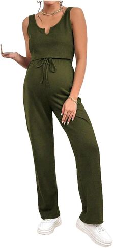 ACSUSS Women Jumpsuits Casual Pregnancy Yoga Clothes Ribbed Knit Matching Outfit Wide Leg Pants Set for Beach Army Green X-Large in Kuwait
